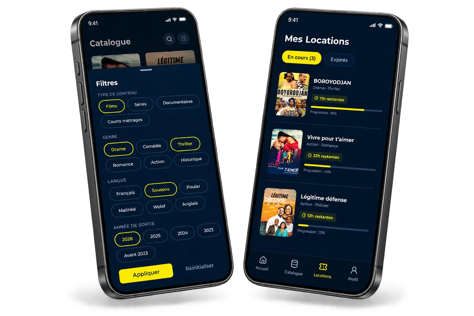 Écrans Catalogue et Mes locations de l’application